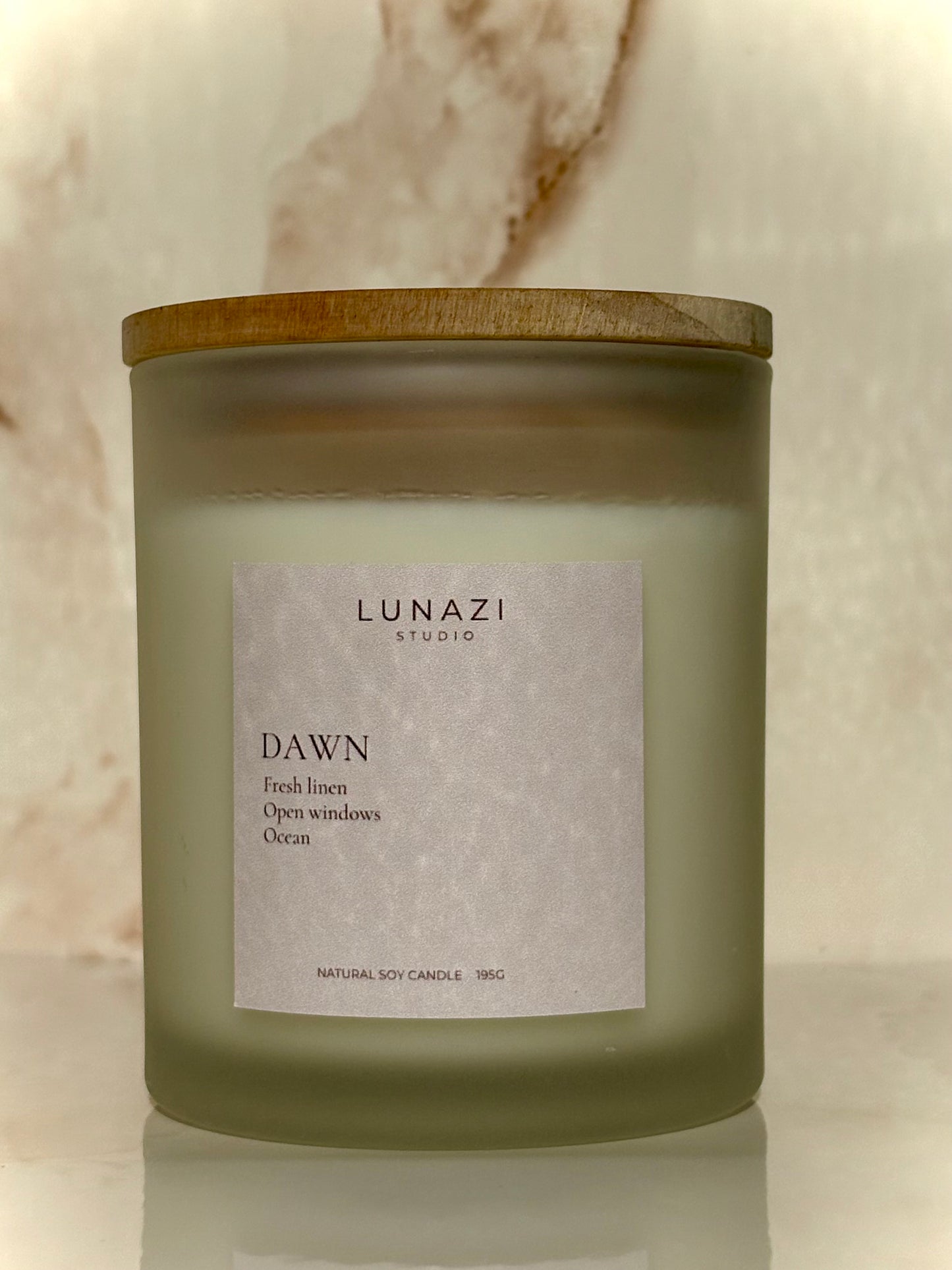 Dawn Scented Candle by Lunazi Studio – styled candle shot with soft light